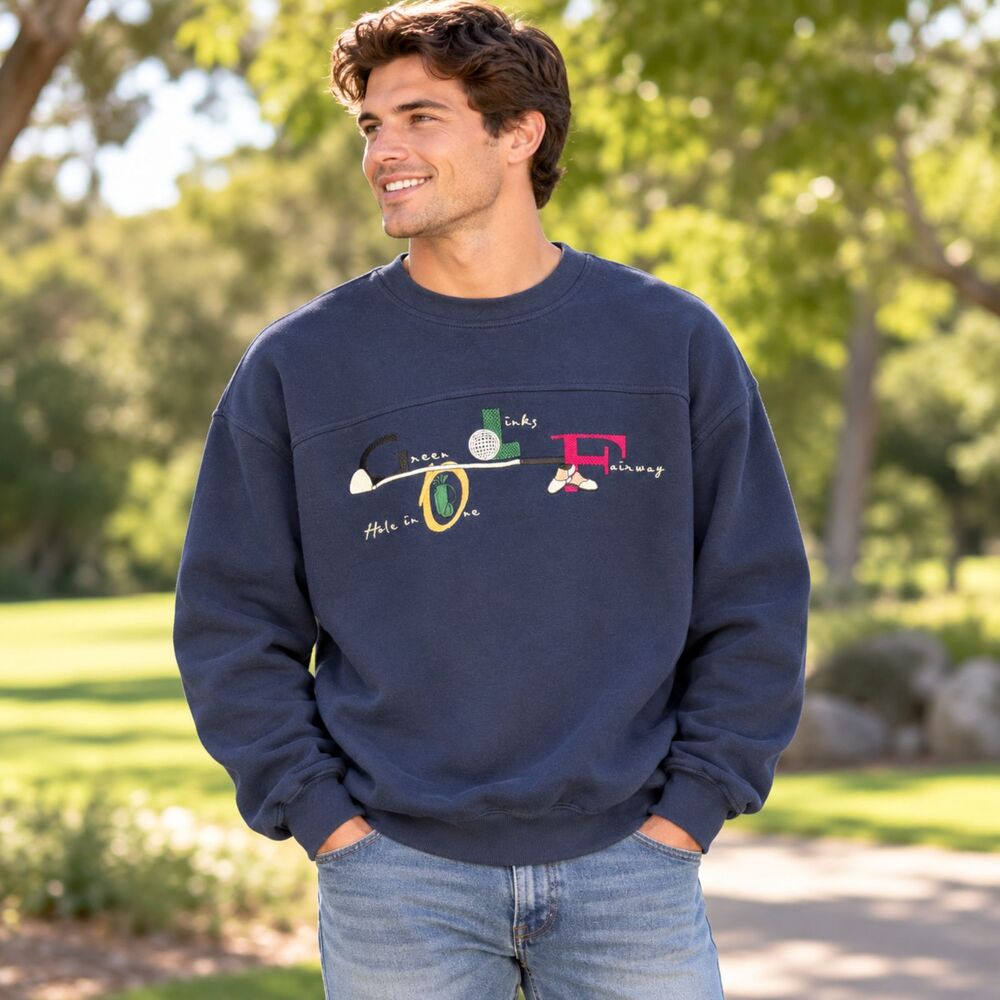 Vintage Lee Sport Mens Size XL Golf Sweatshirt Blue Embroidered Green Links 90s